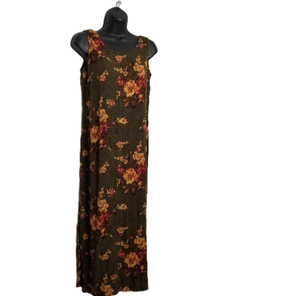 Vintage Floral Rayon Midi Dress Womens 8 Olive Brown Crinkle Boho K Studio
